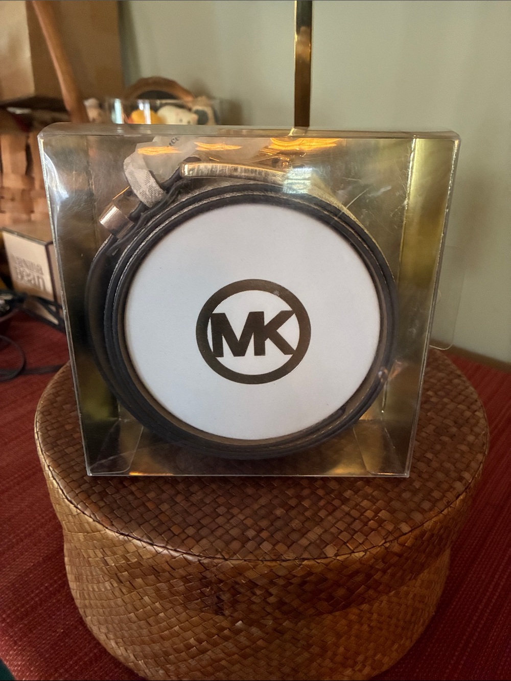 Michael Kors vanilla cream MK signature logo belt w/a polished gold - W S/M